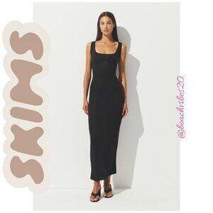 SKIMS Threadbare Cotton Scoop-neck Long Dress/ Sheer Rib Long Dress Soot L NWT